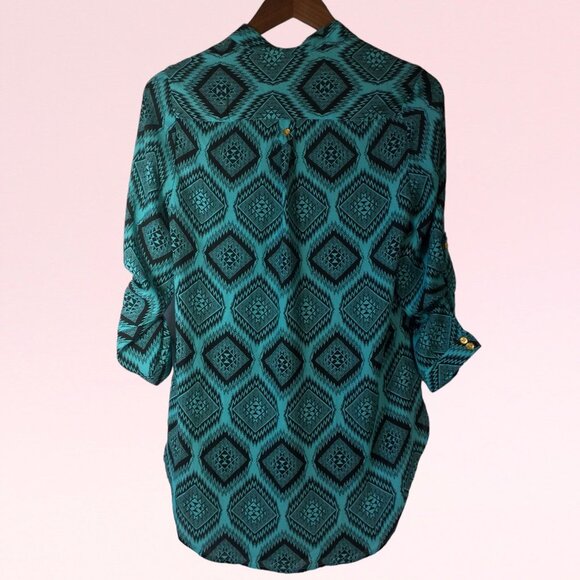 Wishful Park Turquoise & Black Aztec Print Blouse Size M - Picture 2 of 9